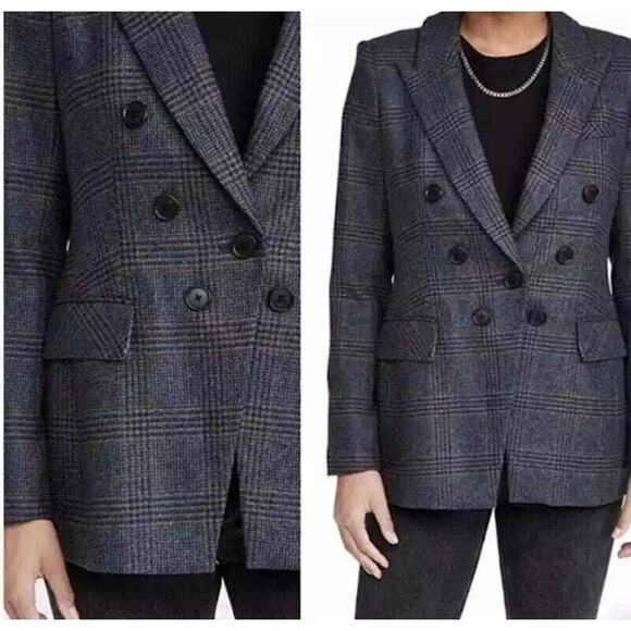 Veronica Beard Yareli Blazer Jacket Wool Glen Plaid Gray Blue Double Breasted 0 - Picture 3 of 9